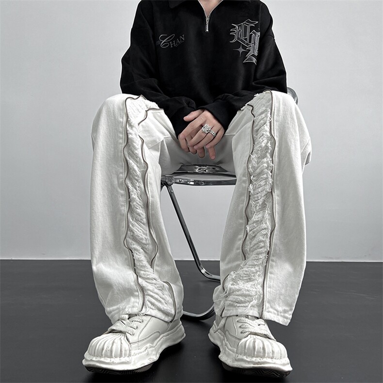 美式ins高街hiphop毛须小众拉链休闲牛仔长裤货号K2309P65控88,男装牛仔裤,电商A063