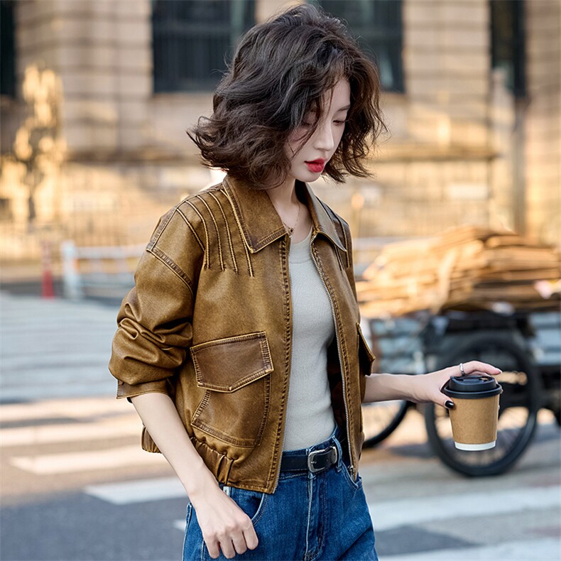 现货水洗双色皮衣2025年女秋季新款翻领气质高质感皮上衣,女装皮衣,英标秀（1C119）