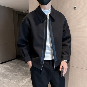 社会小伙高端呢子拼皮宽松韩版外套 大衣夹克男A236-JK0812-P130图片
