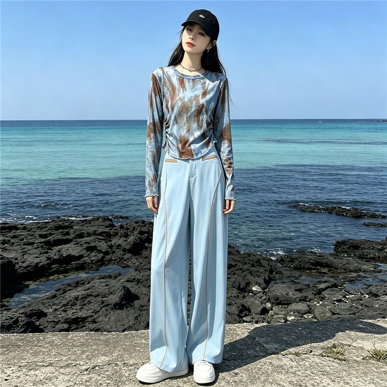 女夏季新款时尚减龄套装圆领晕染网纱印花长袖上衣阔腿长裤两件套,女装套装/套裙,江南