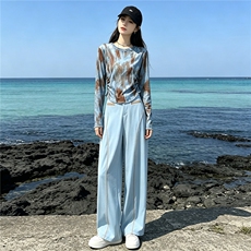 女夏季新款时尚减龄套装圆领晕染网纱印花长袖上衣阔腿长裤两件套，女装套装/套裙，江南