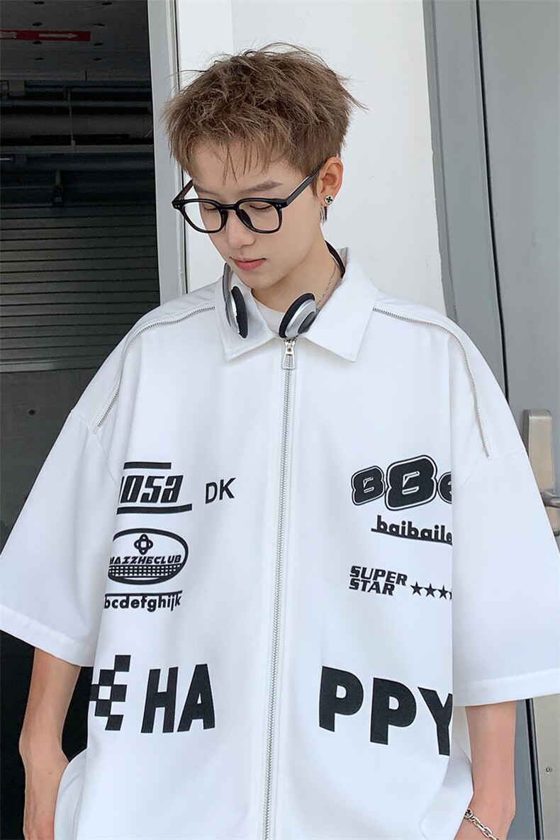 405A港风设计感拉链装饰印花衬衫短袖T恤CS03-P45控68,男装T恤,星座405A