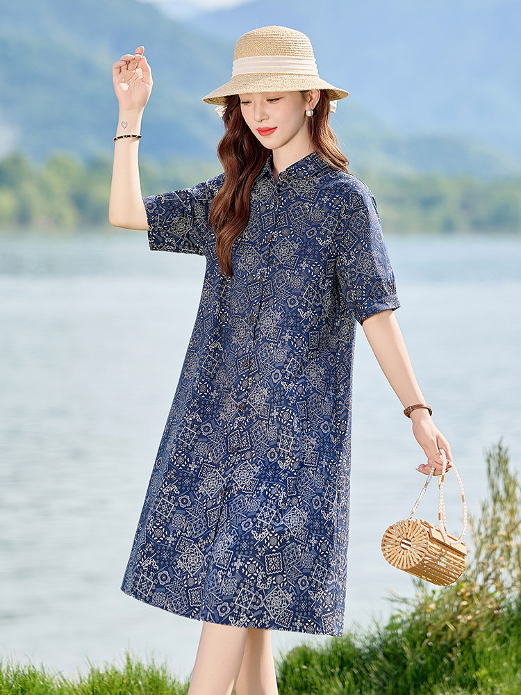 现货2025年夏季文艺复古印花妈妈休闲连衣裙,女装连衣裙,依恋蒂丝