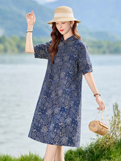 现货2025年夏季文艺复古印花妈妈休闲连衣裙，女装连衣裙，依恋蒂丝