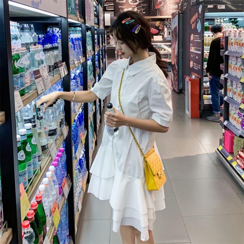 2021年夏季小清新女神白色衬衫式不规则蛋糕裙,女装连衣裙,卡莱
