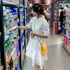 2021年夏季小清新女神白色衬衫式不规则蛋糕裙，女装连衣裙，卡莱