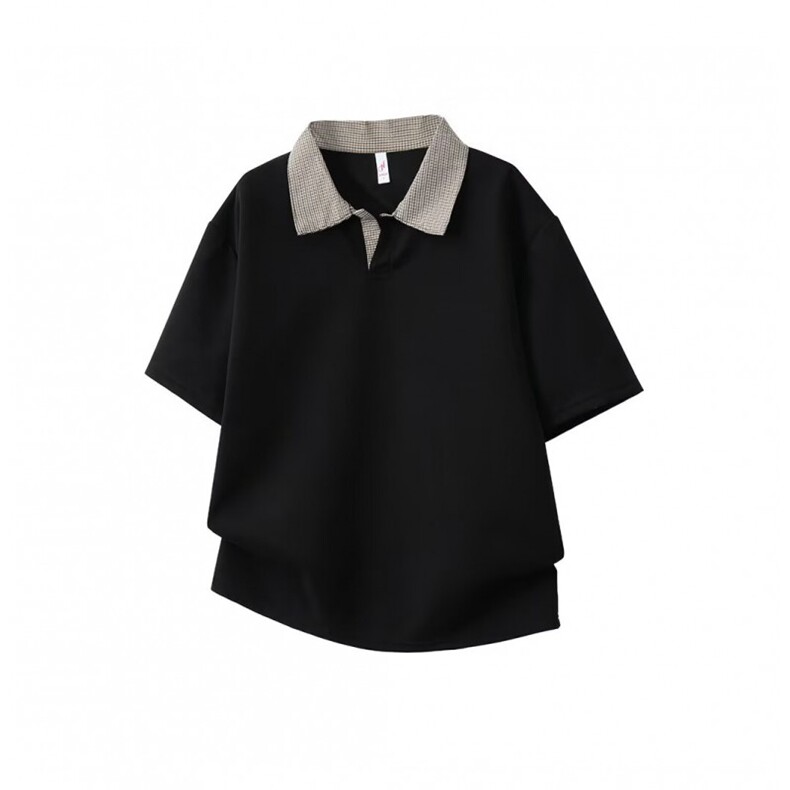 千鸟格拼接polo衫短袖男夏季老钱风复古正肩T恤cleanfit重磅半袖，男装T恤，星座601-1