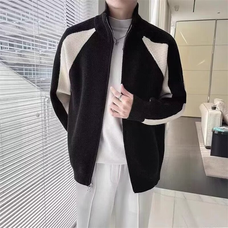 8228-P66 慵懒风宽松撞色针织开衫毛衣秋冬季简约新款百搭外套图片