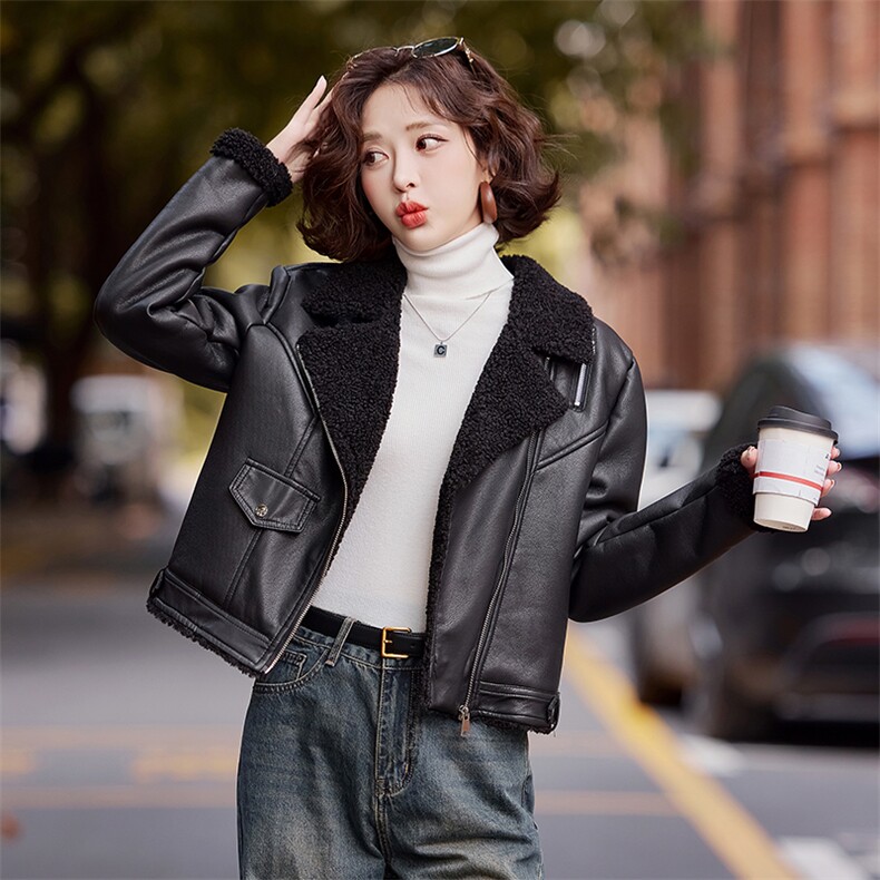 海宁皮毛一体2025新款爆款女秋冬加绒厚高级感短款皮草绵羊皮外套,女装皮衣,简古