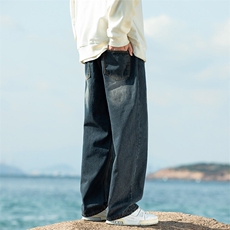 胖胖哥美式复古牛仔裤男款秋季潮牌做旧大码宽松裤子阔腿直筒裤子，男装牛仔裤，电商A022