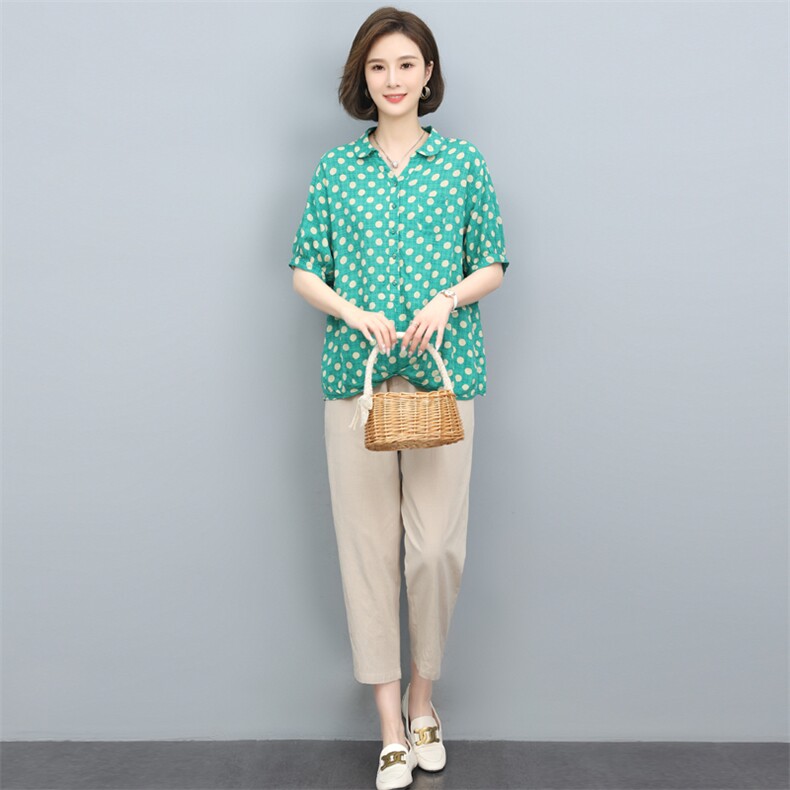 短袖套装女夏装2022新款韩版气质波点套头上衣休闲九分裤潮,女装套装/套裙,奕阳依阁