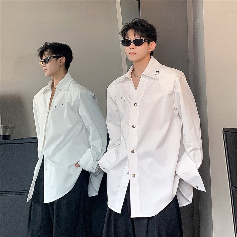 手工铆钉设计解构长袖衬衫男白色上衣秋季新款外套男CS92-P63图片