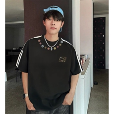 抖音得物高品质二开240克宽松纯棉美式潮牌三条杠织带短袖T恤，男装T恤，电商A486-1