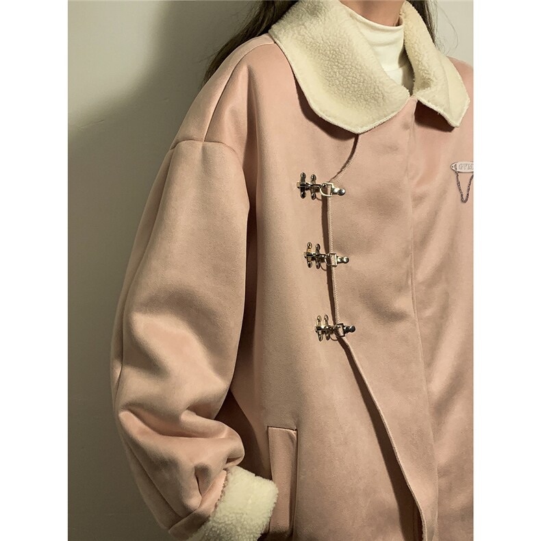 1中性风翻领麂皮绒羊羔毛金属飞机扣设计棉衣男YG77108P135控178，女装棉衣/棉服，星座226-2