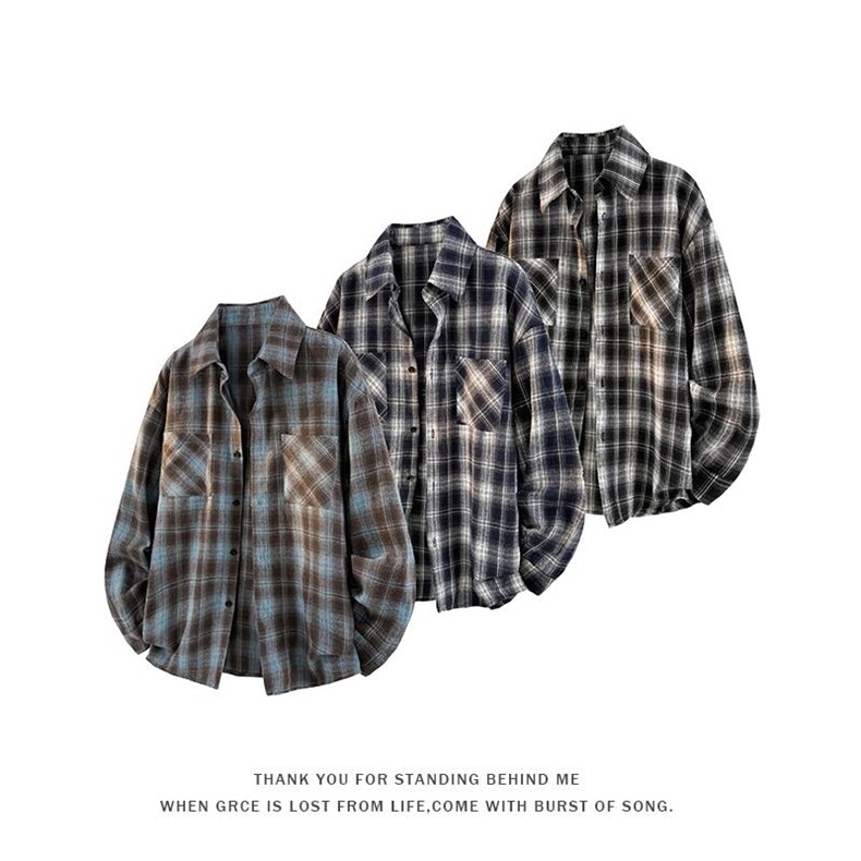 GENIOLAMODE日系渐变格纹衬衫男生秋季宽松长袖休闲情侣百搭衬衣，男装衬衫，电商A001-1