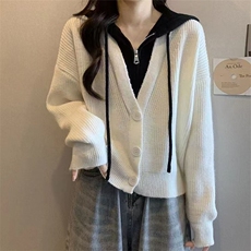 2024年秋季时尚潮流秋冬新款百搭舒适时尚简约假两件帽衫，女装卫衣/绒衫，萱芳婷羊绒