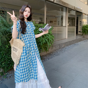 蓝色格子衬衫连衣裙套装女夏叠穿半身裙两件套流行爆款巨好看超火图片