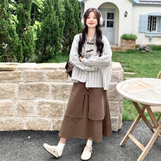复古蝴蝶刺绣条纹衬衫套装女2025秋季新款设计感工装半身裙两件套，女装套装/套裙，2C332