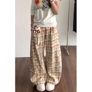 撞色格子弯刀休闲裤女夏季宽松阔腿裤高腰垂感拖地裤 KXQ1275图片