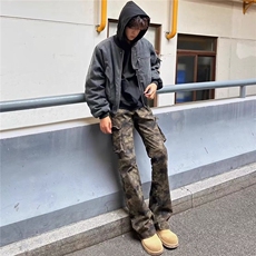 美式高街迷彩裤子男伐木工装裤直筒显瘦修身微喇长裤LY92299-P65，男装牛仔裤，星座1008