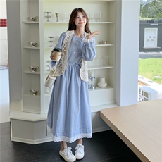 现货条纹长裙+马甲套装25083P165K248，女装连衣裙，2D035