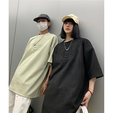 情侣装夏季新款美式复古字母钢印麂皮绒宽松圆领半袖T恤D296P38，男装T恤，电商A335-1（原A458）