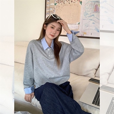 抖音得物高品质26春装美式高街假两件衬衫领长袖卫衣POLO领打底衫，男装T恤，电商A486