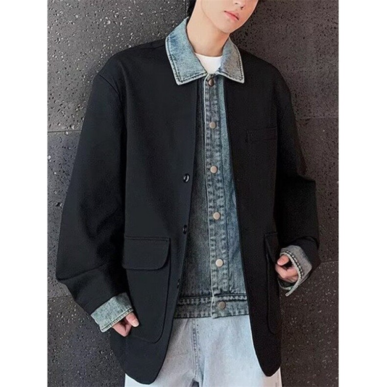 假两件牛仔西装外套男春潮牌拼接西服立领夹克高街休闲JK288,男装夹克,星座1116A（原606A-3）