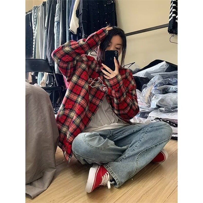 C254-P30美式刺绣红色格子衬衫女春秋季小众设计感宽松慵懒风，男装衬衫，电商B323A