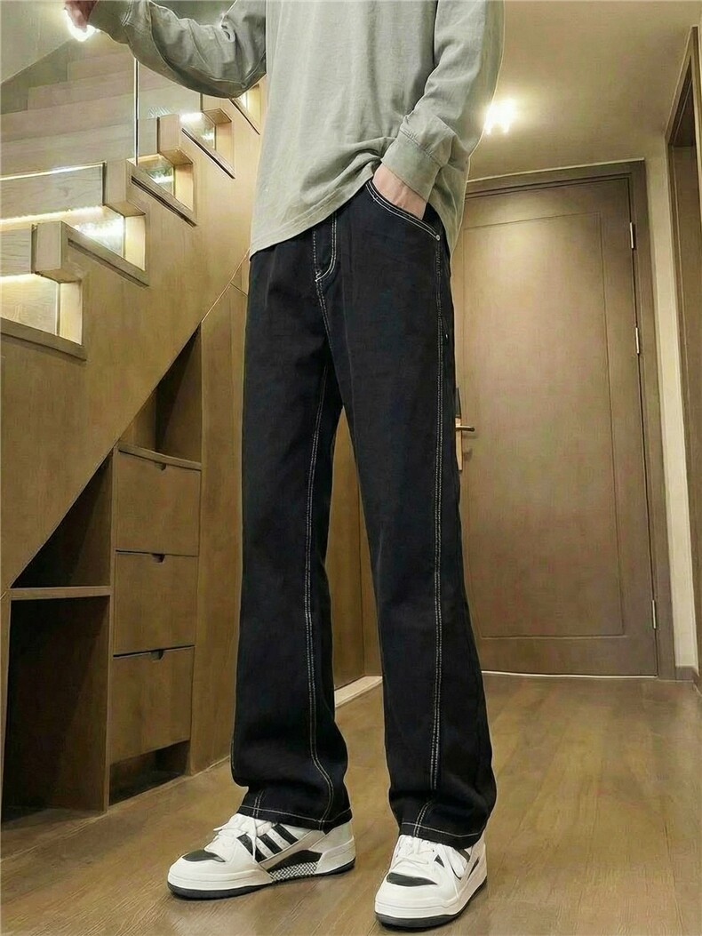 黑色微喇牛仔裤男生春秋季潮流直筒修身显腿长裤子高街长裤,男装牛仔裤,星座302A-2