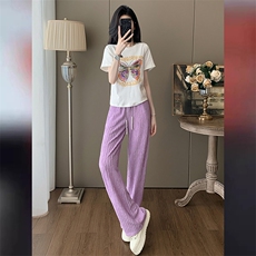 时尚休闲运动套装女夏新款宽松显瘦印花短袖紫色直筒阔腿裤两件套，女装套装/套裙，江南