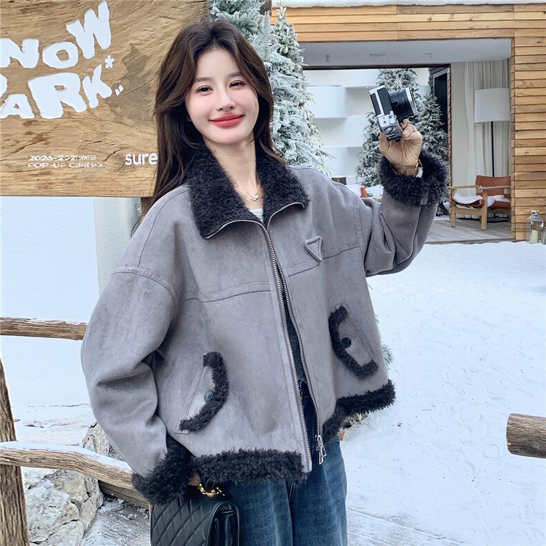 立领加厚保暖皮毛一体外套女短款机车服冬季宽松麂皮绒羊羔毛棉衣,女装短外套,艾米莉亚