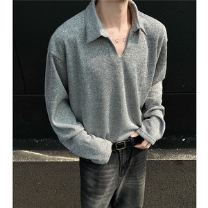 25早春 美式老钱风麦穗v领长袖T恤衫翻领polo衫卫衣男 H1041特P40图片