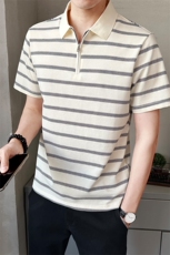 半拉链条纹Polo短袖T恤夏季潮流半袖体恤男士有领上衣PL88559-P68，男装T恤，电商A237