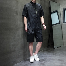 夏季新中式风竹叶提花插肩袖手工盘扣短袖宽松中裤短裤两件套装，男装休闲套装，星座305A（原312A-1）