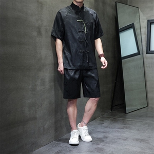 夏季新中式风竹叶提花插肩袖手工盘扣短袖宽松中裤短裤两件套装图片