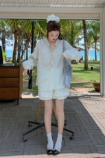 米白色镂空防晒衬衫裙裤套装女夏2025新款小个子甜美两件套巨好看，女装套装/套裙，2C201