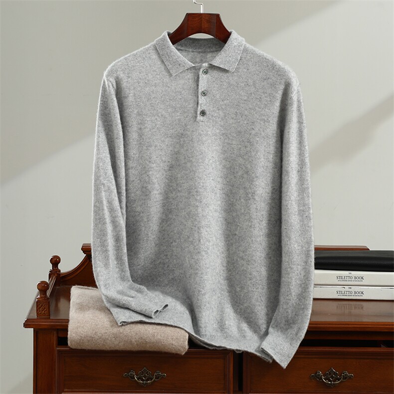 POLO翻领2024年秋季套头长袖时尚都市纯色35%羊绒衫，男装羊绒套衫，恒标羊绒