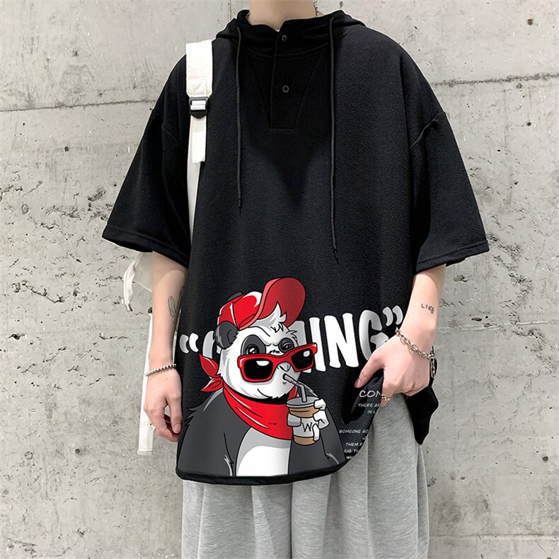 LD54218-P45连帽短袖t恤男大码胖子带帽五分袖中袖大皂风,男装T恤,电商A040