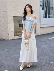 现货重工艺纯色荷叶边一字肩女夏季休闲宽松两件套美静678P135，女装套装/套裙，美静678