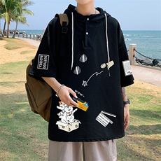 LD54115-P45连帽短袖t恤男大码胖子带帽五分袖中袖，男装T恤，电商A040