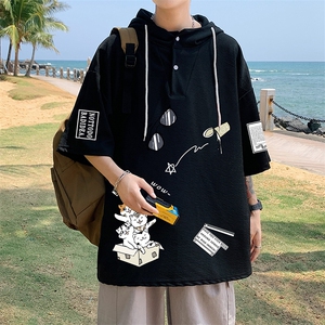LD54115-P45 连帽短袖t恤男大码胖子带帽五分袖中袖图片