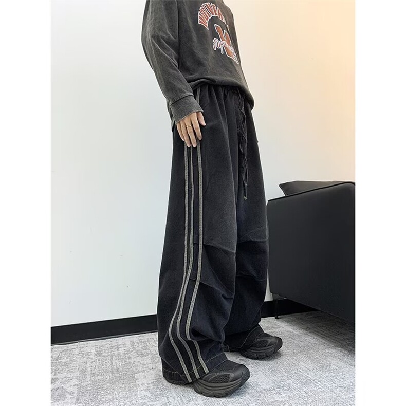 美式三条杠牛仔裤男秋冬潮牌痞帅宽松直筒褶皱阔腿裤子RK2241-P50，男装牛仔裤，星座412-3