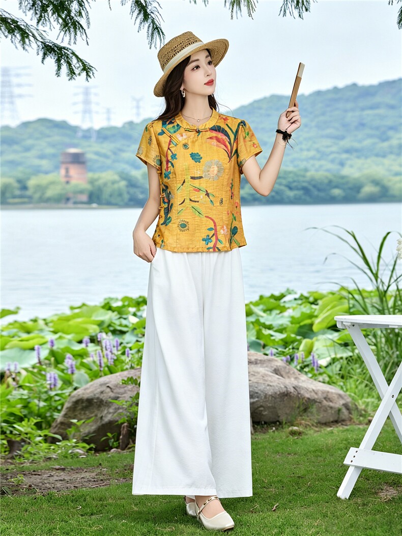 现货！夏季套装2026新款松弛感新中式盘扣上衣服女两件套端庄大气,女装套装/套裙,衣之秀