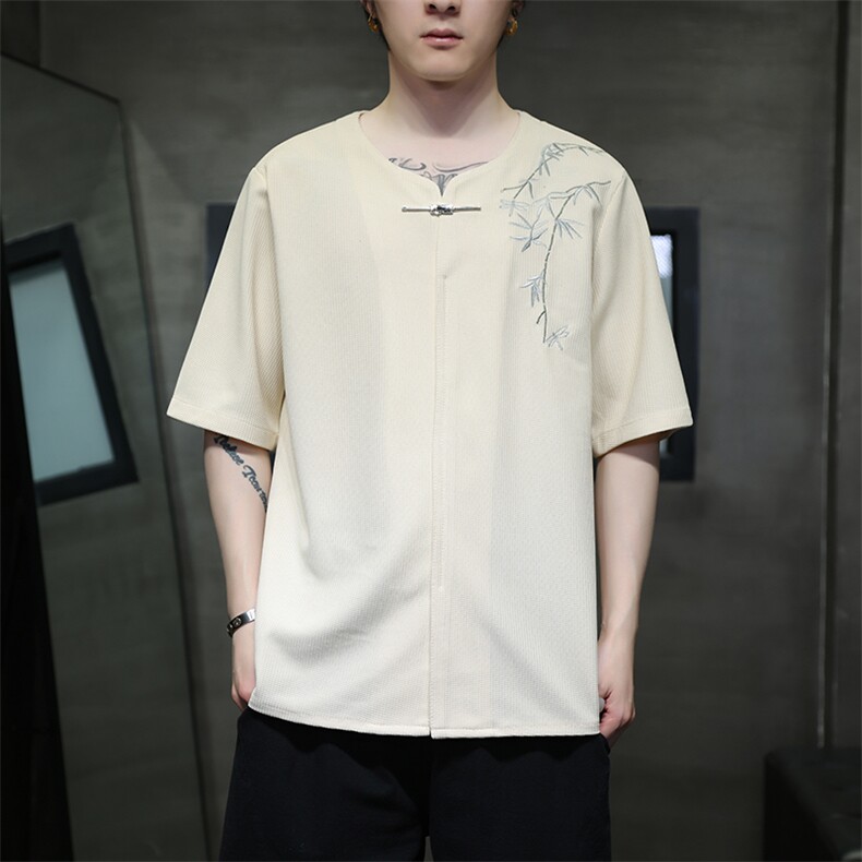 新中式金属扣风潮T恤短袖民族服竹子刺绣汉服时尚T2410-P55,男装T恤,电商A227