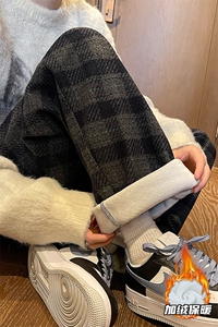 WASSUP HAPPY格子毛呢裤子男春秋夏季2025新款潮牌宽松直筒休闲裤图片