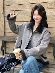立领加厚保暖皮毛一体外套女短款机车服冬季宽松麂皮绒羊羔毛棉衣图片