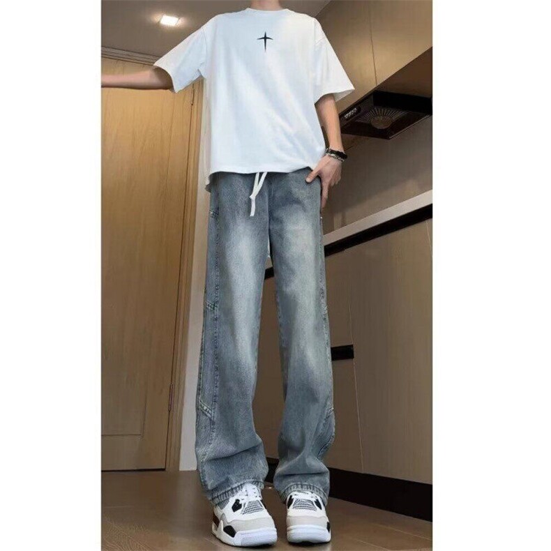 长裤青少年休闲裤秋季潮美式复古牛仔裤男款直筒微喇裤子宽松型,男装休闲裤,星座506A