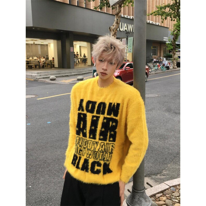 【有货】美式复古水貂绒毛衣男款字母提花情侣针织衫C41LL-特P55图片