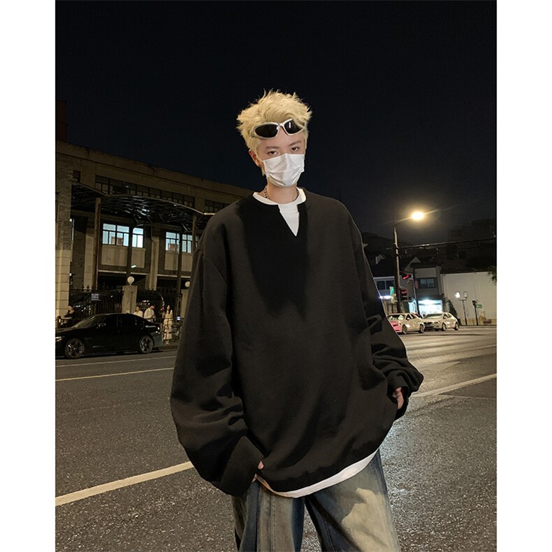 2024新款美式假两件叠穿撞色套头卫衣长袖t恤V领现货W8341-P32,男装T恤,星座512-4